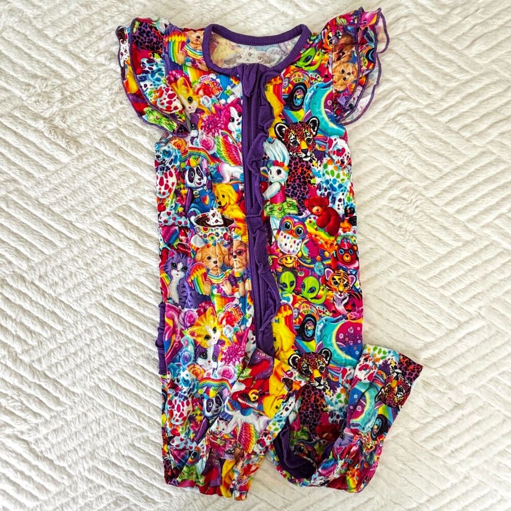 Showstoppers Size 12-18M Lisa Frank Bamboo Ruffle Romper Animal Rainbow Print